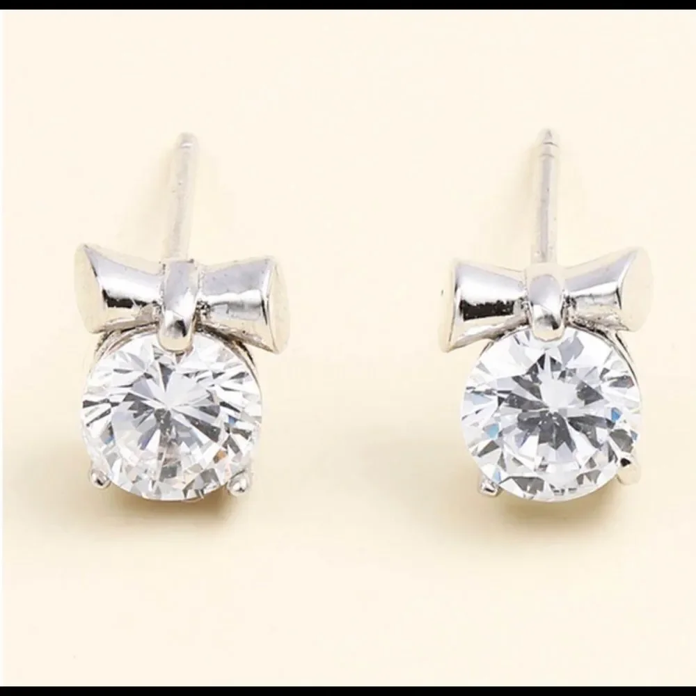 Sterling S925 Rhinestone with Mini Bow Stud  Earrings